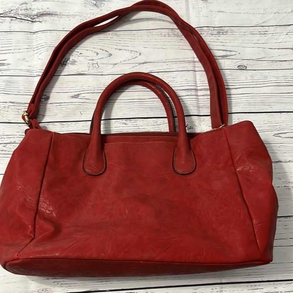 Red leather satchel purse with detachable adjustable shoulder strap